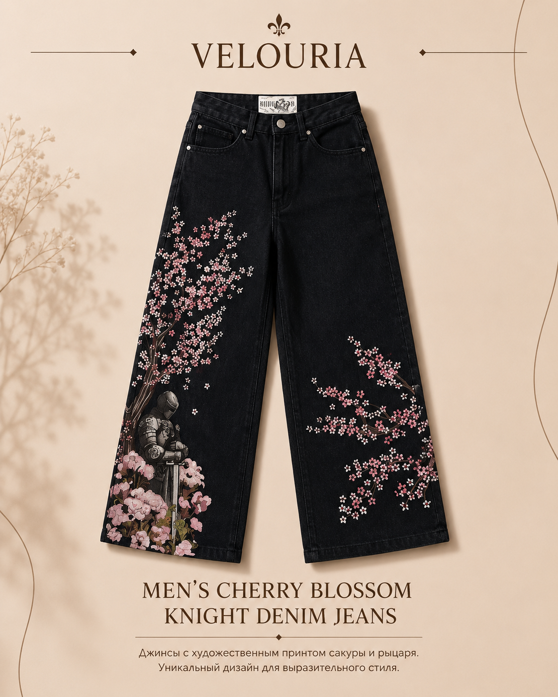 Y2K Japan Cherry Blossom Knight Embroidery Black Baggy Jeans Men High Street Vintage Hip Hop Fashion Couple Wide-leg Denim Pants
