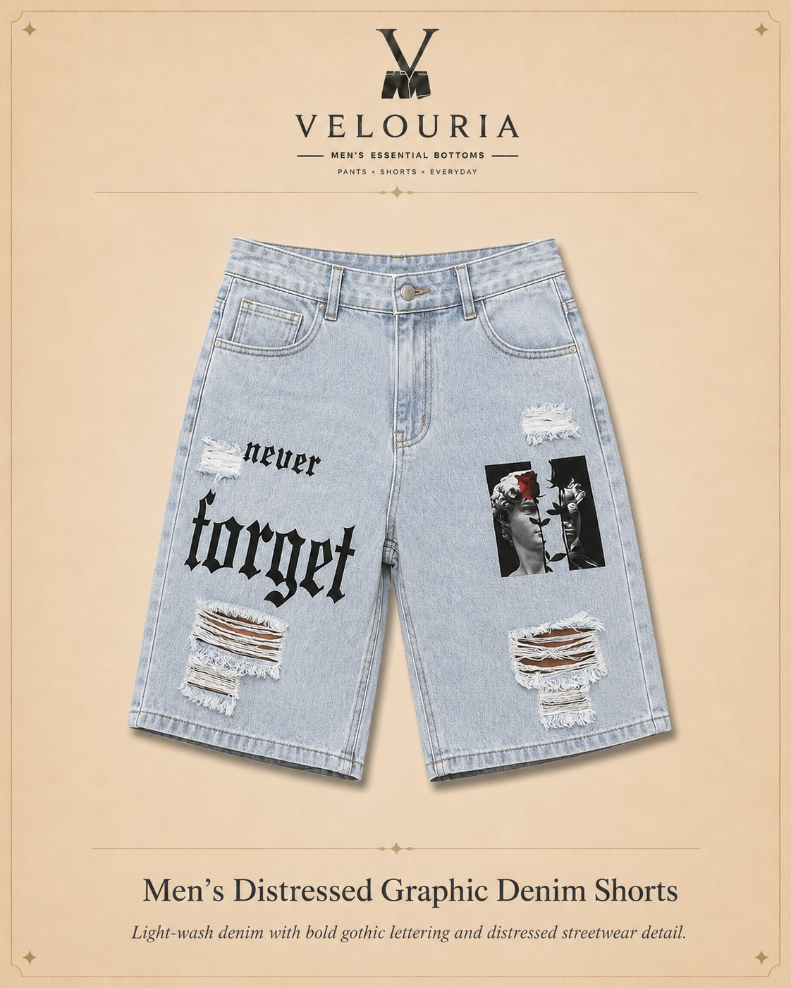 Men Summer Stretchy Denim Shorts Jeans For Men Streetwear Letter Ripped Knee length Baggy Comfort Cargo Casual Shorts Pants Jean